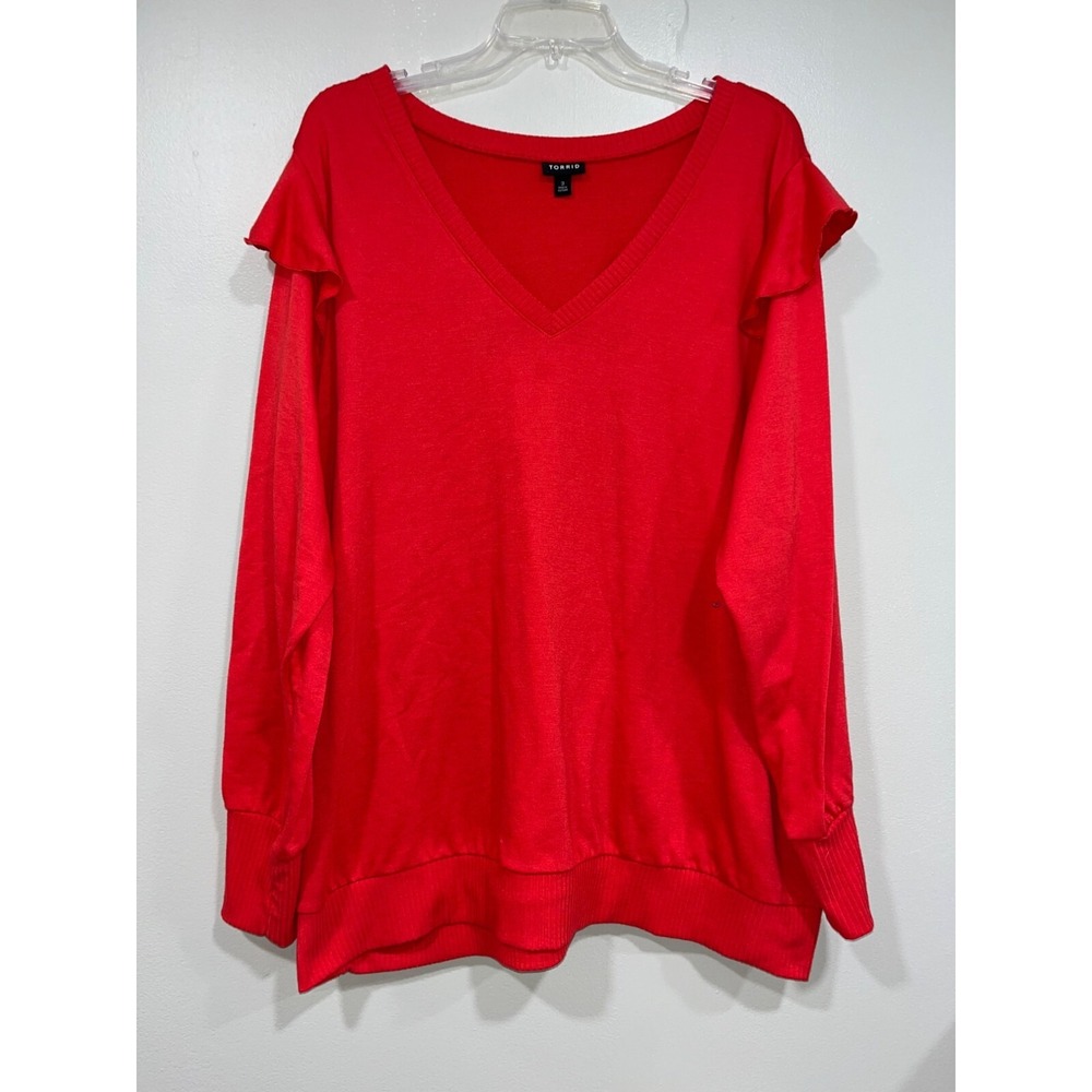 Torrid Womens long flutter sleeve pullover red v-neck sweater, size 3